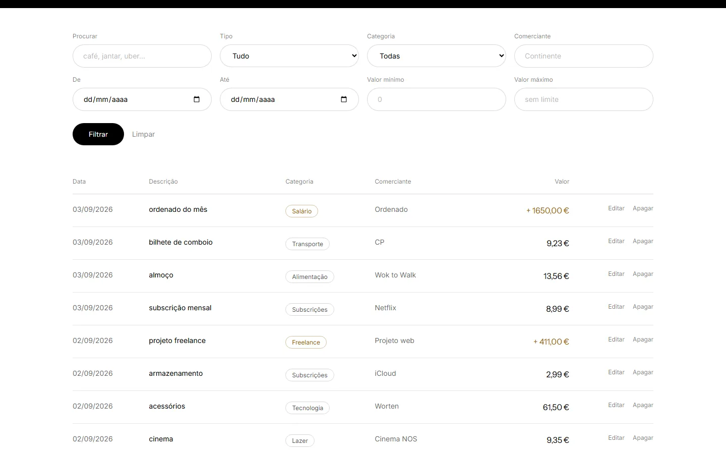 Lista de transações do Finas com filtros por tipo, categoria, comerciante e período
