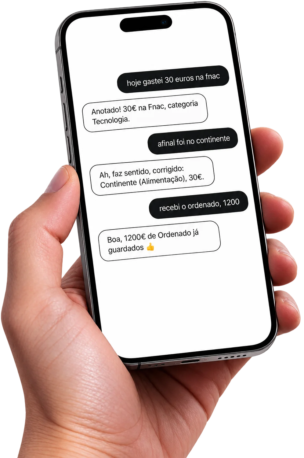 Telemóvel com a conversa no Finas: uma despesa escrita em linguagem natural, a resposta do bot, e uma correção feita por texto